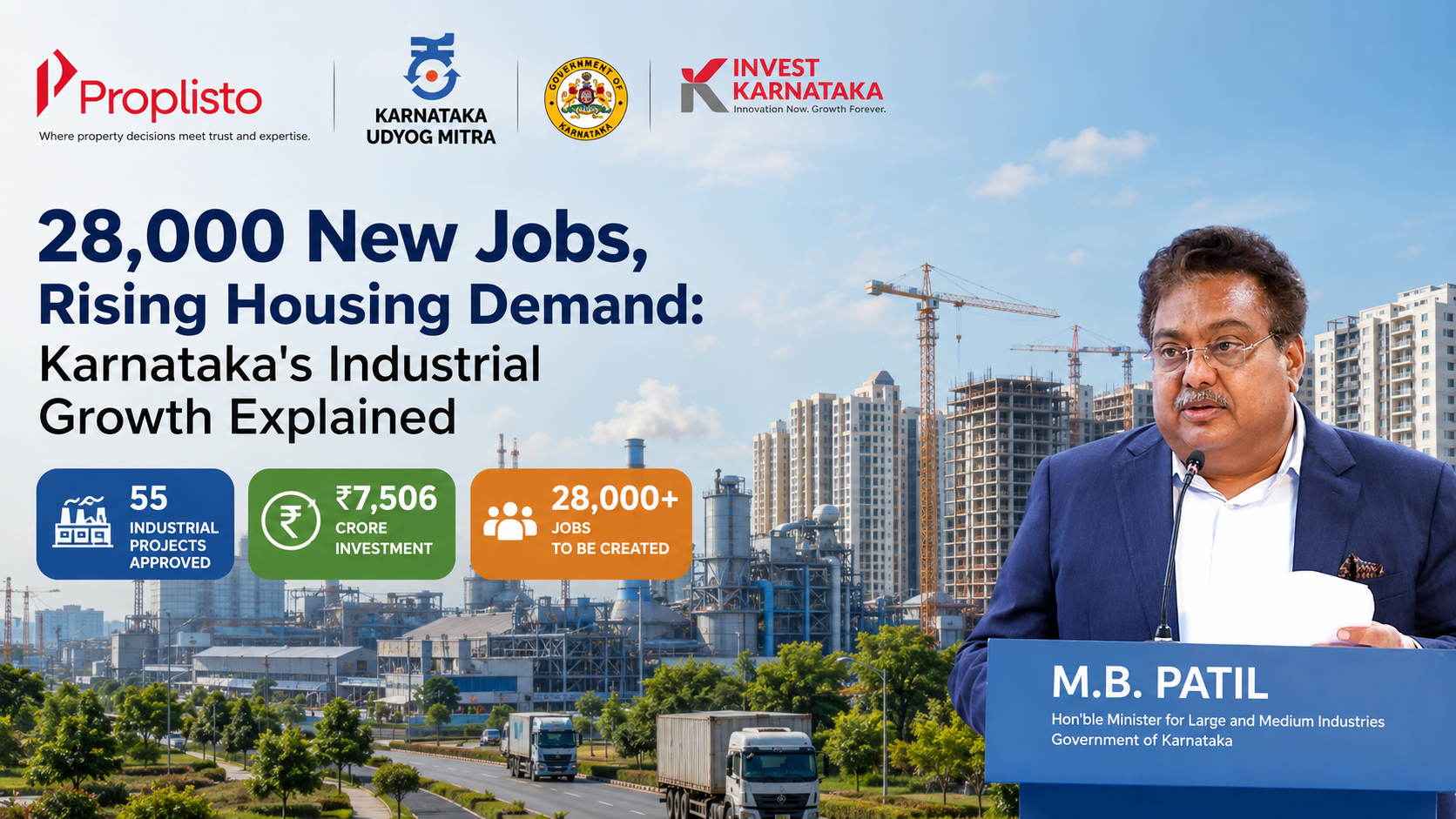 Illustration of Karnataka's industrial expansion showing factories, cranes, residential buildings, and infrastructure development, highlighting 55 industrial projects worth ₹7,506 crore creating over 28,000 jobs and driving housing demand across the state