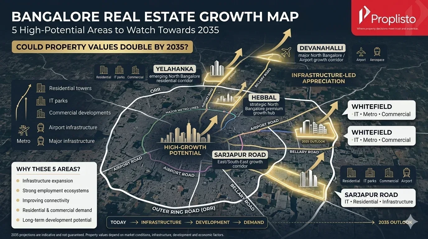 Bangalore real estate growth map highlighting five areas with potential to double property values by 2035, including Sarjapur Road, Whitefield, Hebbal, Yelahanka and Devanahalli.