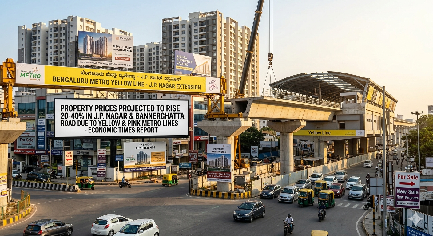 Modern Bengaluru skyline with Namma Metro train passing through South Bengaluru residential areas during sunset. Alt text: “South Bengaluru property growth driven by Yellow and Pink Metro Lines”